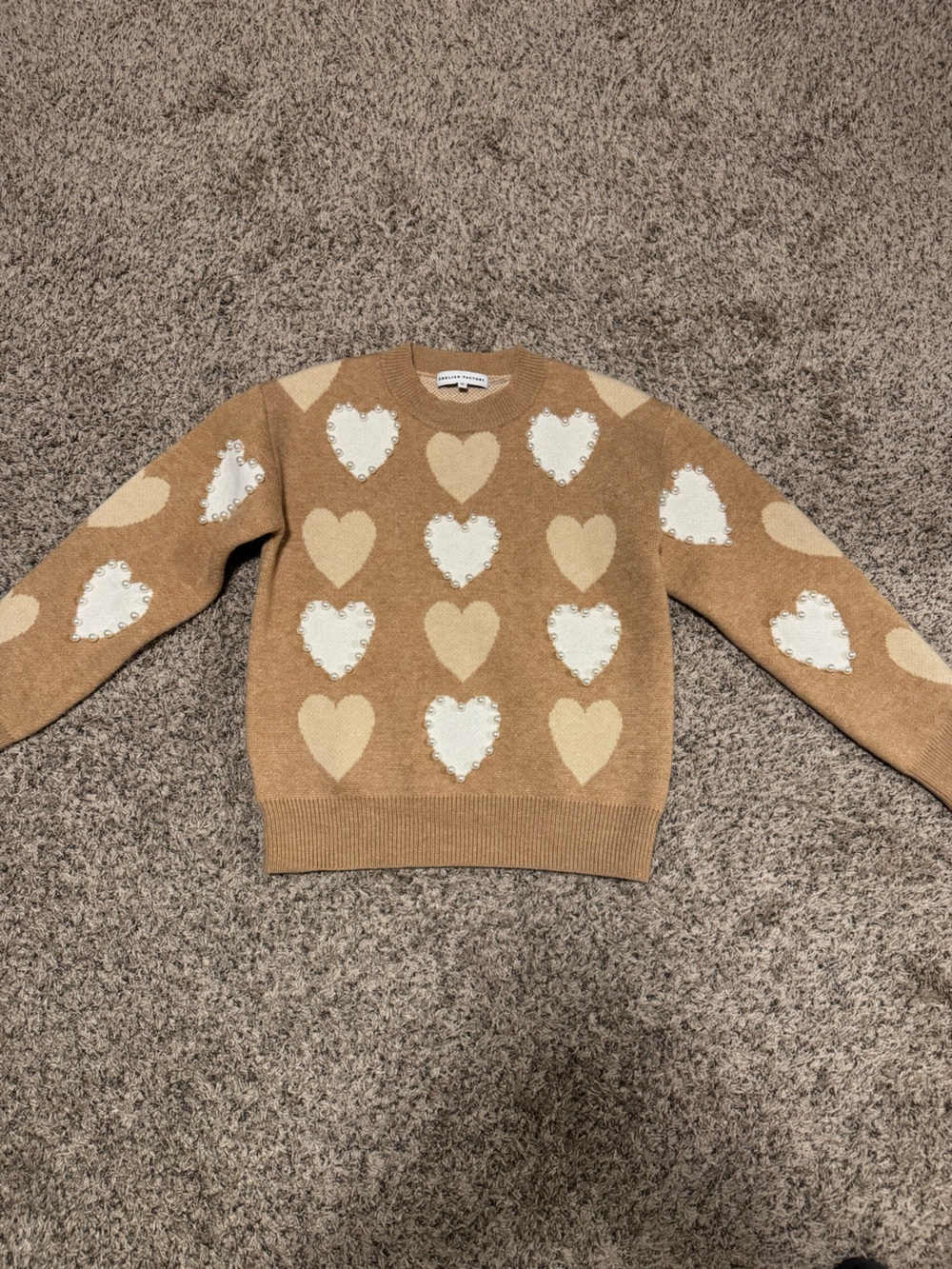 English Factory Tan Heart-Pattern Sweater with Cream Accents